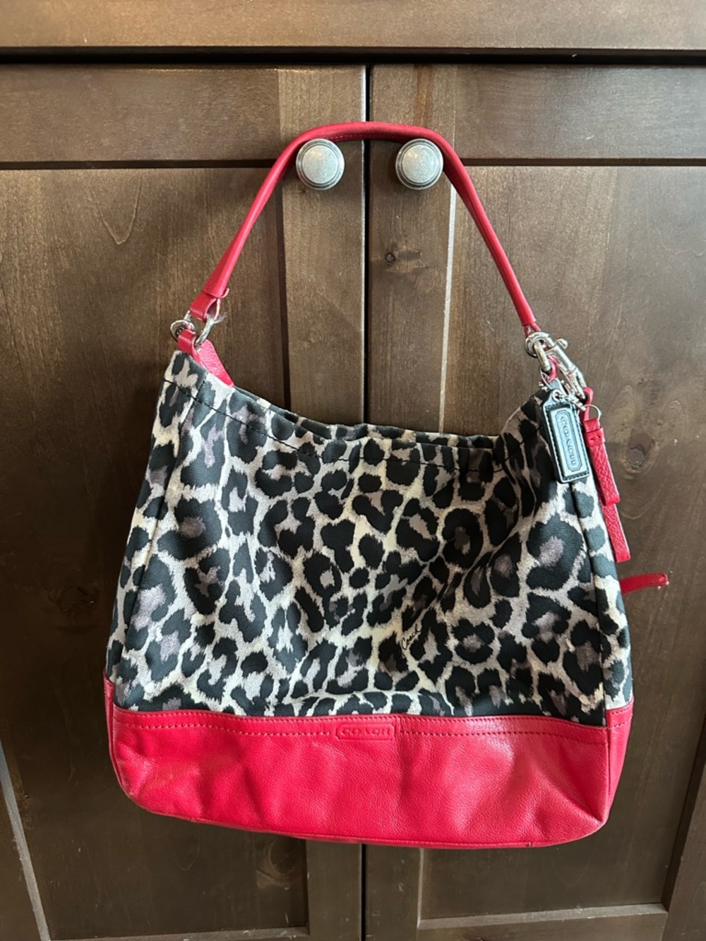 Coach Leopard Print Shoulder Bag with Red Leather Trim